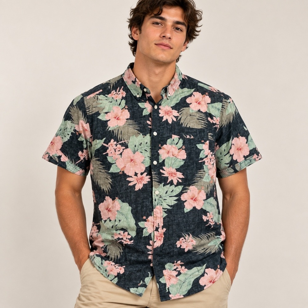 Sunrise Kingdom Mens Floral Hibiscus Tropical Short Sleeve Button Down Shirt L